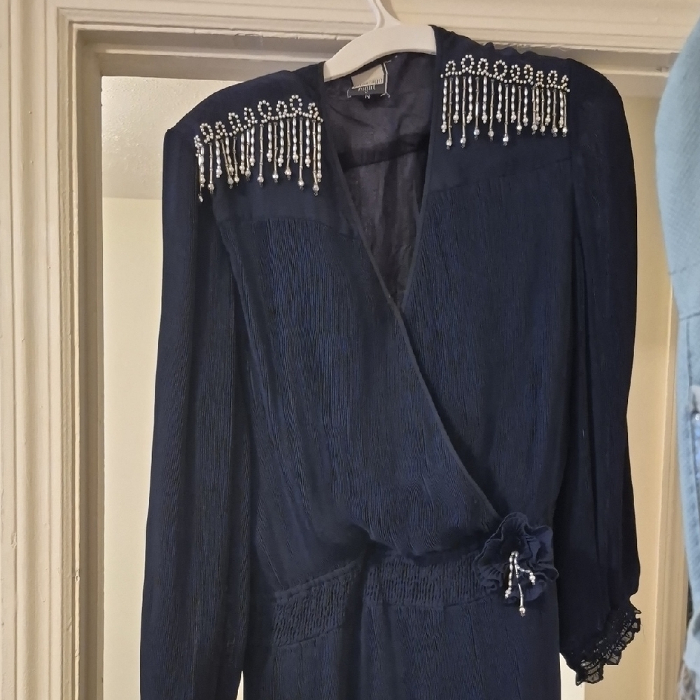 Elegant Navy Dress with Beaded Shoulder Detail
